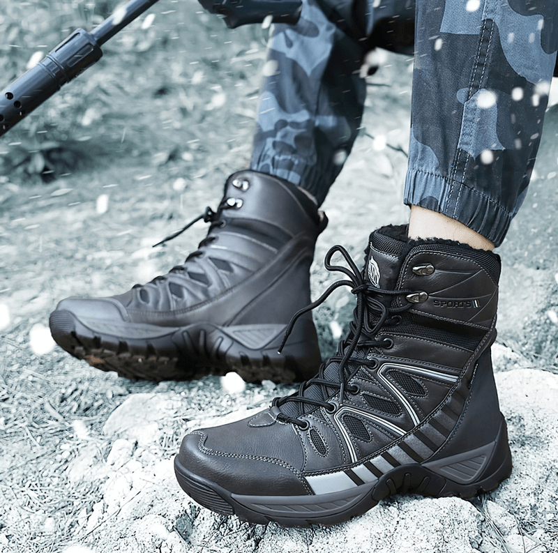 Waterproof leather military snow boots with anti-slip soles and warm plush lining, perfect for winter adventures.